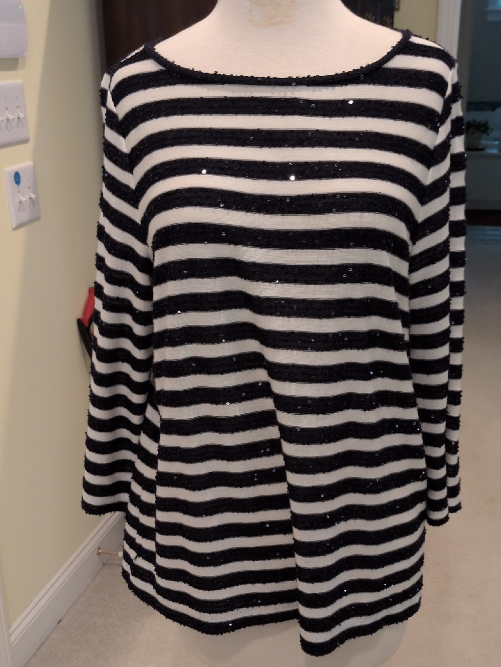 talbots woman,  black and white striped, sequined top